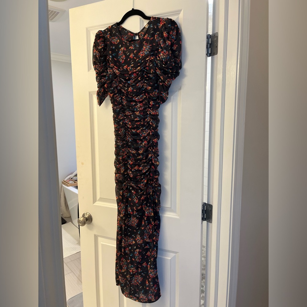 Free People Black Multi Floral Briella Ruched Midi Dress NEW, size XS